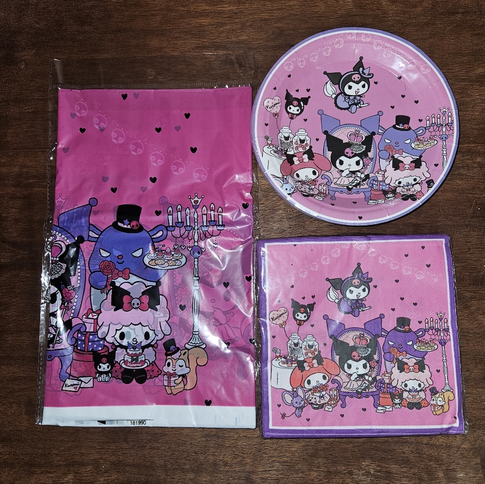 NIB 41 piece Kuromi birthday party tableware set.